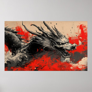 Poster Dragon chinois majestueux avec plaque d'encre roug