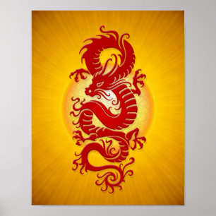 Poster Dragon chinois rouge et jaune