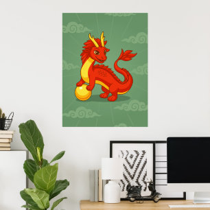 Poster Dragon Chinois Rouge sur Fond Vert