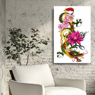 Poster Dragon Chinois Vert Gras Tatouage Lotus Sarcelle