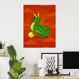 Poster Dragon Chinois Vert sur Fond Rouge
