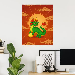 Poster Dragon Chinois Vert sur Fond Rouge