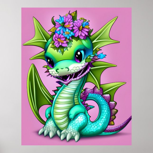 Poster Dragon de bébé pourpre et vert (Devant)