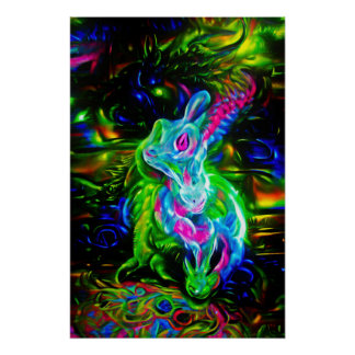 Poster Dragon de lapin psychédélique à Neon Imaginaire