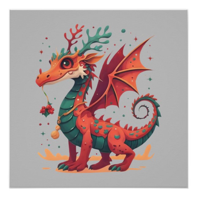 Poster Dragon de rennes de Noël Abstrait dessin élégant (Devant)