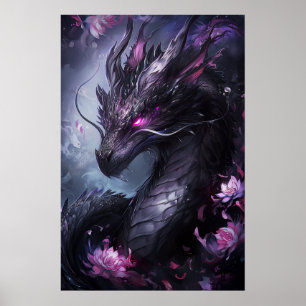 Poster Dragon en acier en fleurs - Cool foncé