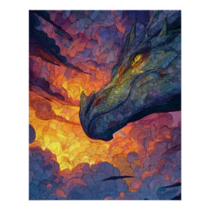 Poster Dragon Fantastique du Coucher de Soleil au Regard
