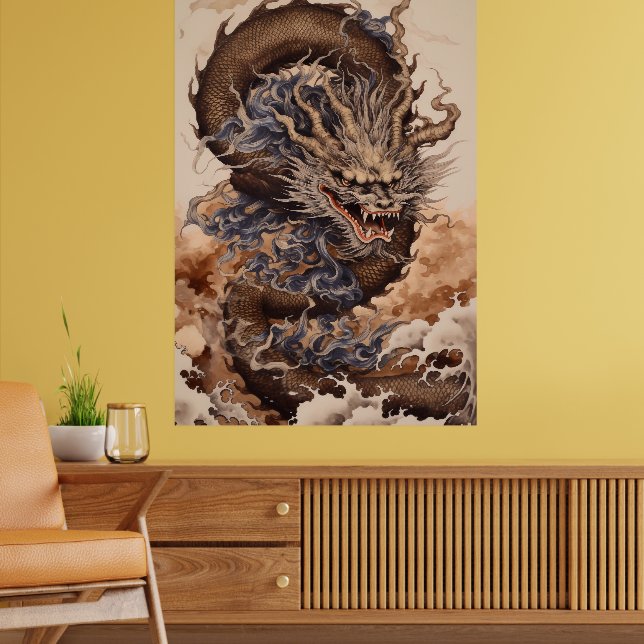 Poster Dragon japonais en forme de serpent avec kanagaw (Salon 2)