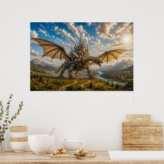 Poster Dragon mécanique transportant une ville de château