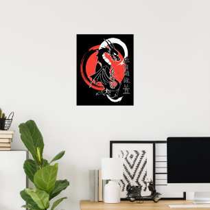 Poster Dragon noir, lune rouge