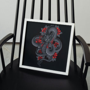 Poster Dragon noir, Roses rouges