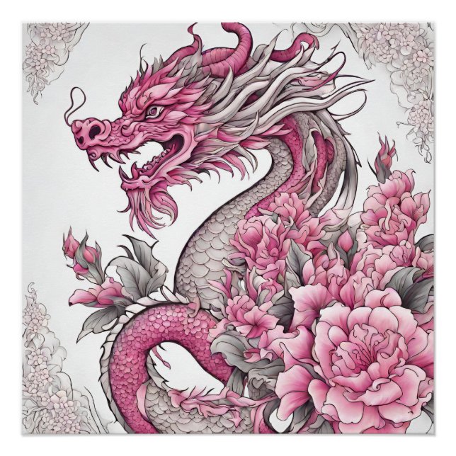 Poster Dragon oriental et fleurs roses (Devant)