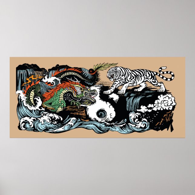 Poster Dragon vert chinois contre Tigre blanc (Devant)