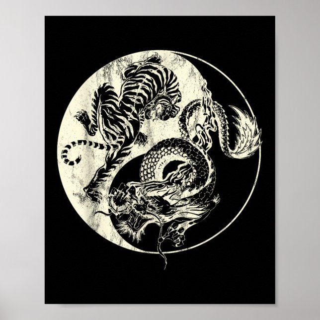 Poster Dragon Vs Tiger Tattoo ! Yin Et Yang Beast Combigh (Devant)