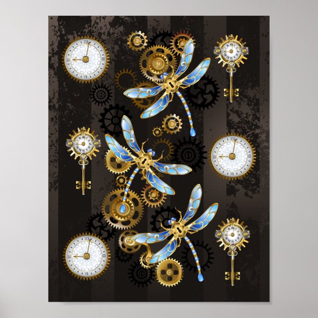 Poster Dragonflies de Steampunk sur arrière - plan rayé b (Devant)