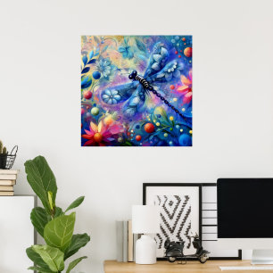 Poster Dragonfly Abstraite lunaire Floral Turquoise Rose