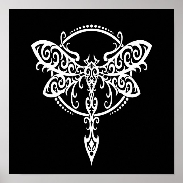 Poster Dragonfly blanche en rotation sur le noir (Devant)