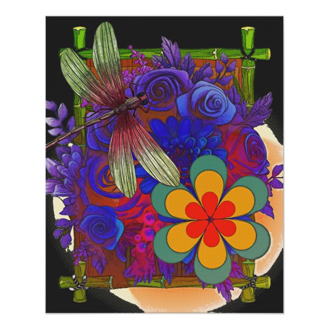 Poster Dragonfly Et Fleurs (Devant)