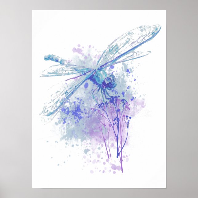 Poster Dragonfly originale aquarelle dans Blue Mauve Natu (Devant)