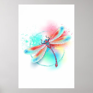Poster Dragonfly rouge sur l'arrière - plan aquarelle