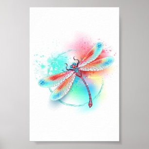 Poster Dragonfly rouge sur l'arrière - plan aquarelle