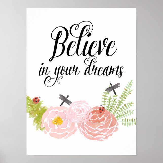 Poster Dragonlies Jardin d'aquarelle Rose (Devant)