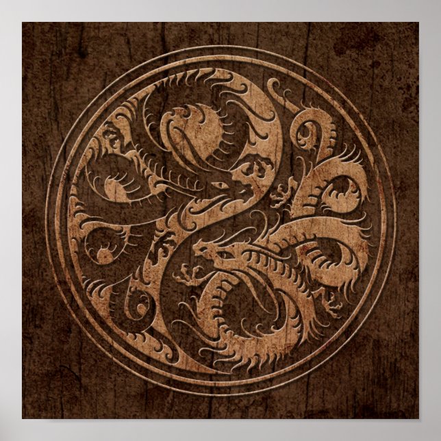 Poster Dragons chinois Yin Yang avec effet Grain de Bois (Devant)