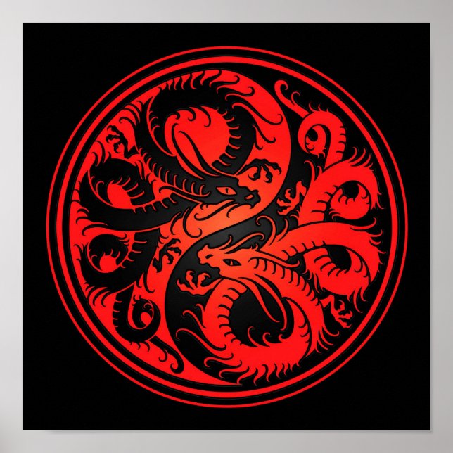 Poster Dragons chinois Yin Yang rouges et noirs (Devant)