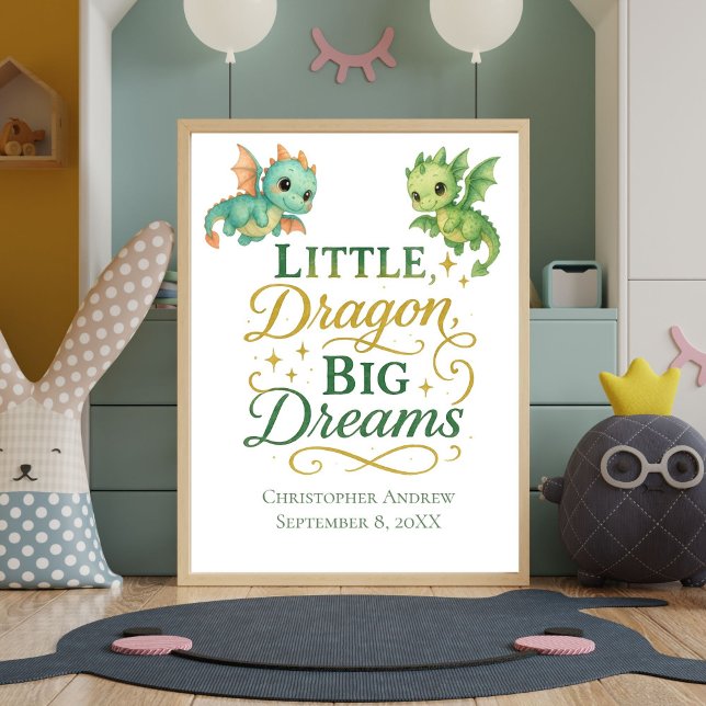 Poster Dragons verts personnalisés Statistiques de naissa (Little Dragon Big Dreams Baby Boy Nursery Wall Art Print. Personalized with Name Birthday Birth Stat)