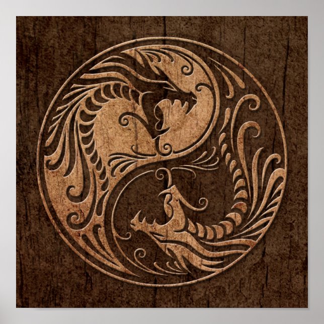 Poster Dragons Yin Yang avec effet Grain de Bois (Devant)