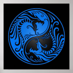 Poster Dragons Yin Yang bleu et noir