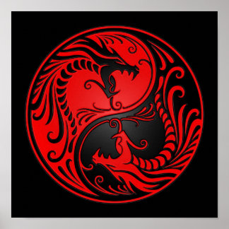 Poster Dragons Yin Yang rouges et noirs