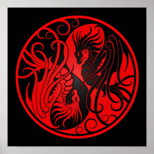 Poster Dragons Yin Yang volant rouge et noir