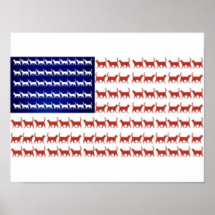 Poster Drapeau 4 juillet chat rouge blanc et bleu