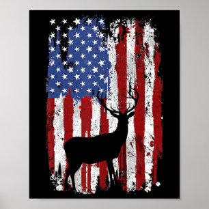 Poster Drapeau Américain Chasseurs De Cerfs Deer Sur Drap