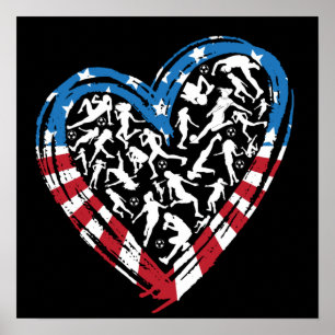 Poster Drapeau américain - Coeur de football féminin