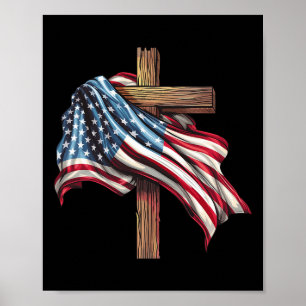 Poster Drapeau américain Croix chrétienne Jésus 4 juillet