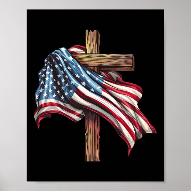 Poster Drapeau américain Croix chrétienne Jésus 4 juillet (Devant)