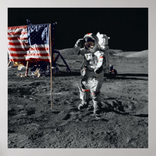 Poster Drapeau américain de saluts d'astronaute d'Apollo