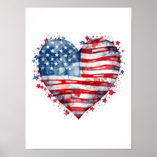 Poster Drapeau américain étoiles bandes cœur patriotique