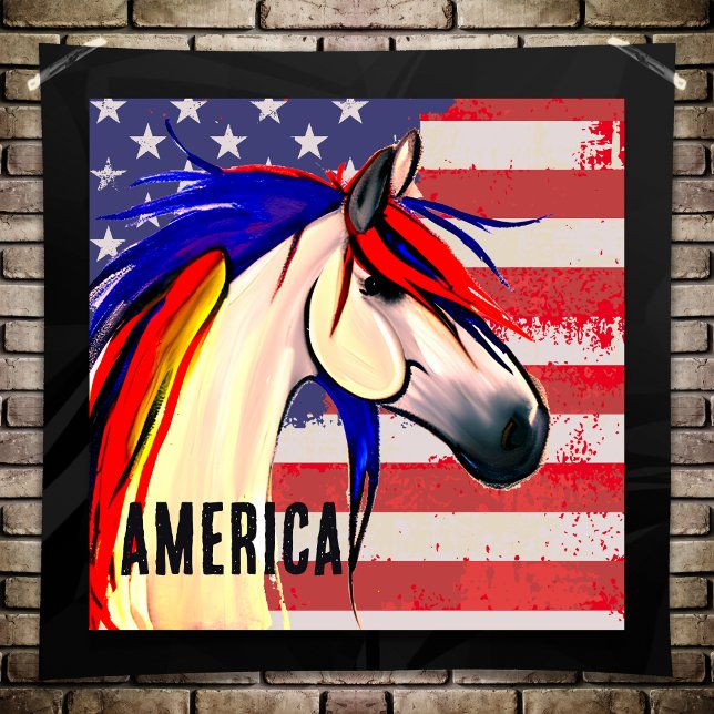 Poster Drapeau américain patriotique Cheval rouge blanc e (Patriotic American Flag Red White and Blue Horse Poster)