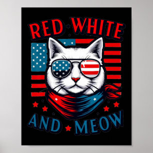 Poster Drapeau Américain Rouge Blanc Et Meow Chat 4 juill