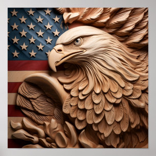 Poster drapeau américain sculpté sur bois, aigle chauve