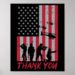 Poster Drapeau américain Soldats Hélicoptère Merci Jour d