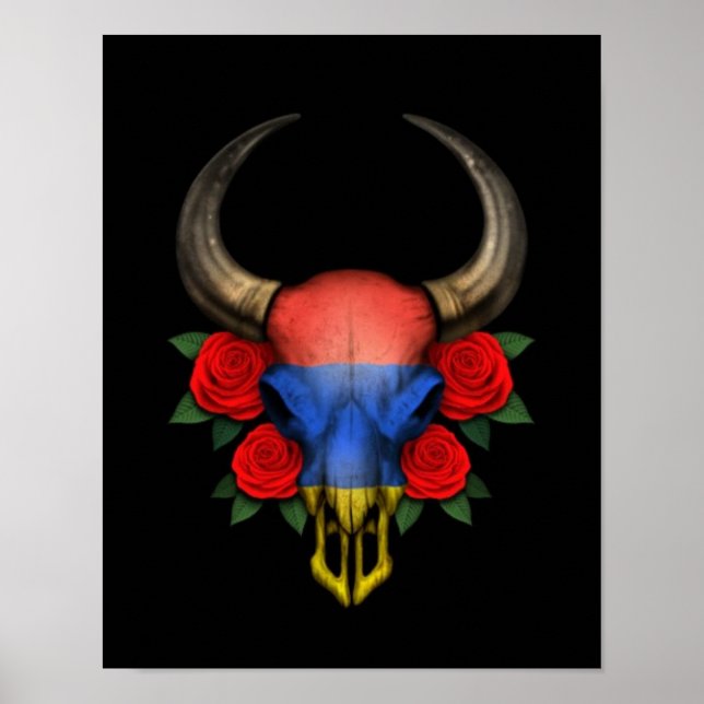 Poster Drapeau arménien Taureau avec des roses rouges (Devant)