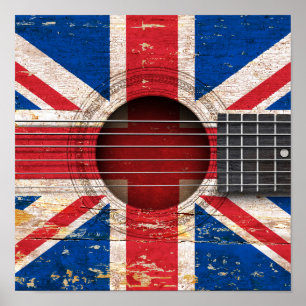Poster Drapeau britannique sur la vieille guitare acousti