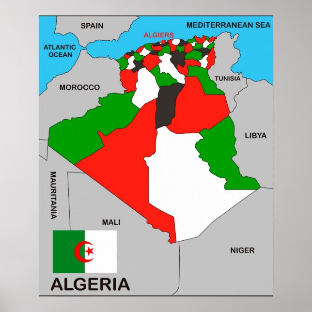 Poster drapeau de la carte politique du pays algérie (Devant)