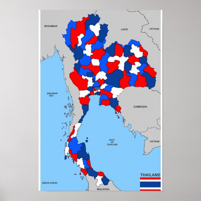 Poster drapeau de la carte politique du pays thaïlande (Devant)