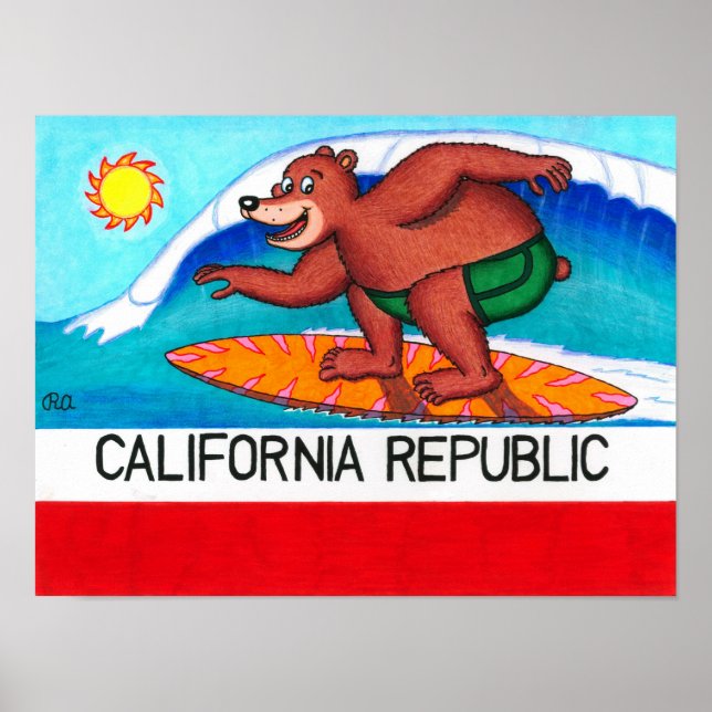 Poster Drapeau de l'ours de surf de Californie (Devant)