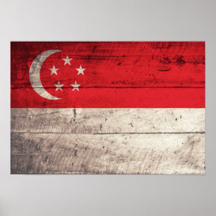 Poster Drapeau de Singapour en bois ancien